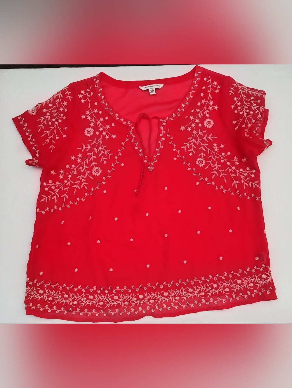 American Eagle Outfitters Red Embroidered Light Top with Tie Neck Size L
